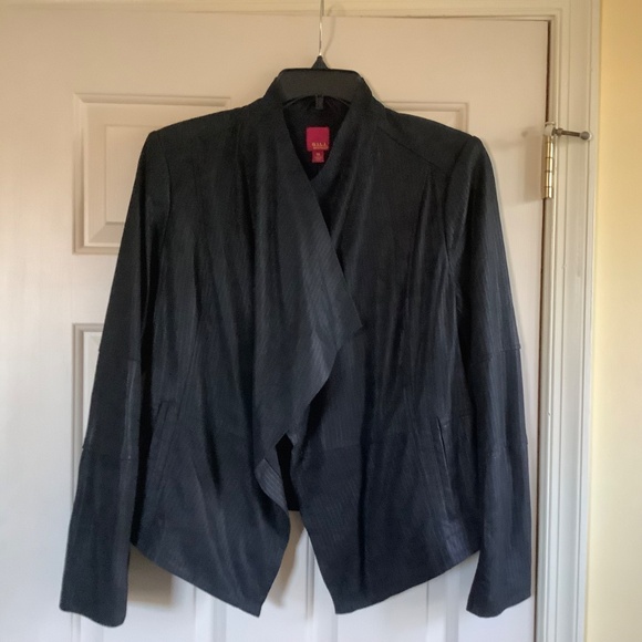 G.I.L.I Open Front Tonal Printed Leather Jacket with Pockets Black SZ 14 - Picture 3 of 16